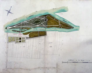 Karta över trädgården vid Moulin Joly. Plansch ur atlasen med planer över Colombes område (1780), bevarad i Nationalarkivet.