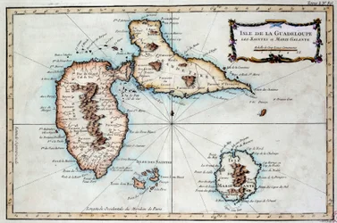 Karta över ön Martinique, ön Saintes och ön Marie Galante i Västindien. Gravyr av 1800-talets Chartres, Musee des Beaux Arts