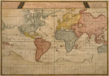 Karta som visar världshandelns sjöfartsrutter, kartografi av Pierre Duval (1619-83) publicerad 1686, Paris (färgstick)