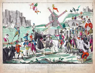Marche du Don Quichotte Moderne pour la Défense du Moulin des Abus, publicerad 1791 (handfärgad etsning)