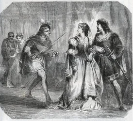 Marguerite de Baviere, hertiginna av Bourgogne (1363-1423) och drottning Isabeau (Isabelle, Elisabeth) av Baviere (1371-1435) separerar Ludvig I av Valois, hertig av Orleans (1372-1407) och Jean Sans Ppeur, hertig av Bourgogne ( 1371-1419), som kämpar för 