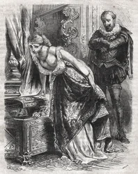 Marguerite de Valois (1553-1615), känd som drottning Margot, gömmer Julien de Leris, sin älskare, i ett kassaskåp. Hennes man, kung Henrik IV av Frankrike (1553-1610), observerar scenen med roligt. 1500-talet. Gravyr från 1871 i "Histoire Des Cocuses Celeb