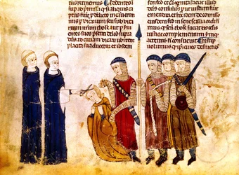 Marguerite av Burgund (1290-1315), hustru till den franske kungen Ludvig X, får håret avklippt för äktenskapsbrott (pergament)