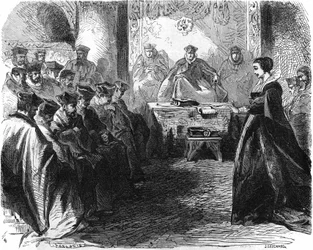 Marie Stuart (1542 = 1587) under sin dom 1587. I ”” Histoire de la France””, gravyr från 1800-talet.
