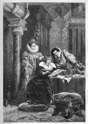 Marie de Medici med sina inflytelserika italienska vänner och förtroendefulla Leonora Dori (Dosi) känd som Galigai (1571-1617) och hennes man Concino Concini (Conchine) (cirka 1575-1617) - Marie de Medici med sina italienska inflytelserika vänner och förtr