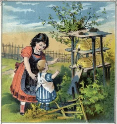 Martha visar binas arbete i kupan för sin lillasyster. Kromolitografi från "" Scenes enfantines""" utg. Guerin - Muller cirka 1885.