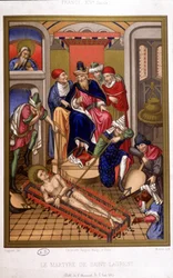 Martyrdom of Saint Laurent (grill) efter miniatyr av medeltiden, Frankrike 1300-talet.