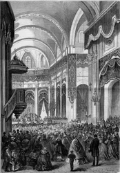 Alla helgons mässa firas i kyrkan Saint Nicolas du Chardonnet i Paris, dekorerad som Sankt Peter av Rom för helgonförklaringen av Japans martyrer. 1862. Gravyr i "" Le Monde Illustré"" nr 291 den 8 november 1862.