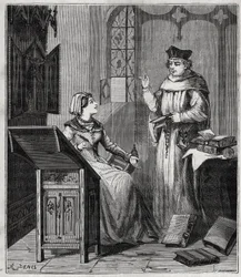 Matthieu Lansbert (Lansberg, Lansbergh, Laensberg eller Laensbergh) (1400-1500-talet) et sa niece - Gravyr i "" Vetenskaper som är tillgängliga för alla - fysik och kemi"" av Alexis Clerc - Slutet av 1800-talet - Privat samling