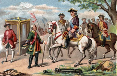 Maurice av Sachsen, marechal av Sachsen (1696-1750), segrande i slaget vid Fontenoy, mötte Ludvig XV av Frankrike (1710-1774). Kromolitografi omkring 1890.
