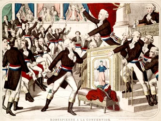 Maximilian Robespierre vid kongressen (Seance of 19 Thermidor 1794), Jean Lambert (Jean-Lambert) Tallian hotar Robespierre med en kniv - Populär gravyr från perioden