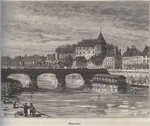 Mayenne är en kommun i västra Frankrike i regionen Pays de la Loire - gravyr i "La France illustree: geography, history, administration statistique" av V.-A. Malt-brunt. 1884