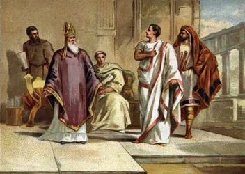 Möte mellan kejsar Flavius Julius Valens (328-378) romersk kejsare och Saint Basil of Cesaree eller Basil the Great (330-379), eveque och kyrkans fader. Kromolitografi från slutet av 1800-talet