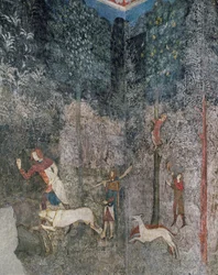 Män som jagar med hundar, detalj från La Chambre du Cerf (Stag Room) 1343