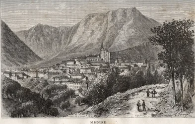 Mende - Lozere i regionen Languedoc-Roussillon - gravyr i "La France illustrée: geografi, historia, statistisk administration" av V.-A. Maltbrunt. 1884