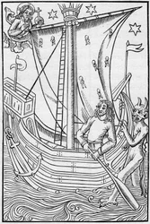 Medeltidens handelsfartyg mitt i havets faror. Gravyr i "La Marine et les colonies: handel"