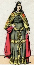 Merovingerdynastin: Porträtt av drottning Clothildes hustru till Dagobert III (699-715). Epinal avbildning från slutet av 1800-talet. Privat samling.
