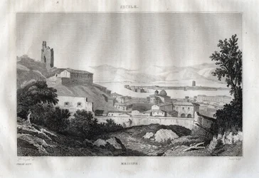 Messina - Messina - Sicilien - Sicilien - Sicilien - Gravyr från "" Italy Picturesque" - Historisk och beskrivande målning av Italien" av M. de Norvins, Ch. Nodier 1834-1836.