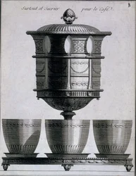 Metallarbete: kaffeservis med skedar och sockerhållare, 1780-96