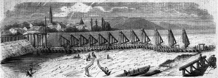 Meteorologiskt fenomen: uttorkning av Rhen 1858. Vy över Kehl-bron (Tyskland), tagen nedströms den franska kusten. Gravyr i "" Le Monde Illustré"" nr 50 av 27 mars 1858.