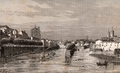 Metz - utsikt över hamnen Saint-Georges - Mosel - gravyr i "La France illustrée: geografi, historia, statistisk administration" av V.A. Malt-Brown. 1884