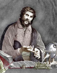Michel de Nostredame, aka Nostradamus (1503-1566) fransk astrolog och läkare, gravyr, färgat dokument