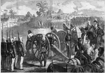 Militär avrättning av indiska revolter av den engelska armén. Fångar binds till munnen på vapen innan de avrättas. Indien