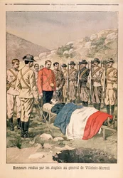Militär utmärkelse tilldelas general Georges de Villebois-Mareuil (1847-1900) av britterna på kyrkogården i Boshof, illustration från Le Petit Journal, 29 april 1900