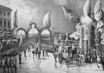 Militär utmärkelse till King a Gosport - Louis Philippe 1st (1773-1850), kung av fransmännen, Prince Albert (1819-1861) och Victoria (1819-1901), drottning av England på Gosport Station under Louis-Philippes officiella resa till Storbritannien (1844) - Lou