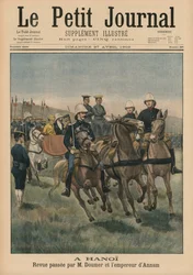 Militär granskning av Paul Doumer, generalguvernör i Franska Indokina och kejsare av Annam, Thanh Thai, i Hanoi, framsidans illustration från Le Petit Journal, Supplement Illustre, 27 april 1902 (
