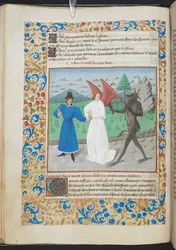 Miniatyr av en man med en skyddsängel och en djävul Sloane MS 3049 f. 27, c. 1480 (vellum)