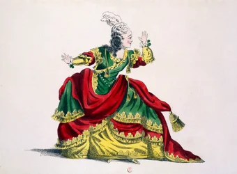 Miss Sainval som Zenobie i Zenobie and Rhadamisthe, faksimil av Guillaumot fils (handfärgad gravyr)