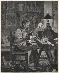 Modern applicering av en skomakare av Pila Vitrea. Glasklot fylld med vatten som ska placeras mellan en person och föremålet de funderar på för att förstora det och göra det mer synligt. Gravyr från 1885 i "" Les arts et metiers illustres"" av A