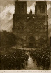 Moderna krigsmän: Franskt infanteri på ledighet genom att passera Notre Dame, Paris, 1914-19