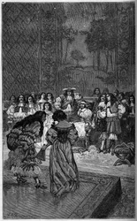 Moliere och hans trupp spelar före kung Ludvig XIV och kardinal Jules Mazarin (Giulio Raimondo Mazzarino eller Mazarino) (1602-1661). Gravyr i "The Illustrous World" 1886.