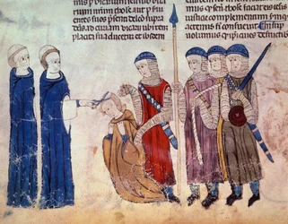 Monk mejade som straff för sin utsvävning. Miniatyr från manuskriptet "" Customs of Toulouse" (Folio 33V)