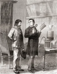 Moritz von Jacobi, till höger, upptäckte galvanoplast, eller elektrotypning 1838, från Les Merveilles de la Science, publicerad ca 1870 (gravyr)