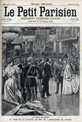 Moskva-firande: Tsar Nikolaj II av Ryssland (1868 -1918) och tsarina Alexandra Fiodorovna Romanova (1872-1918) vid Franska ambassadens bal, i "Le petit Parisien""