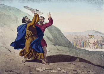 Moses bryter mot lagens tavlor och tillbedjan av den gyllene kalven, illustration från en katekes LHistoire Sainte, publicerad av Charles Delagrave, Paris, sent 1800-tal