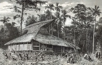 Moskén i Dodinga, Nya Guinea, illustration från tidningen Le Tour du Monde, 1879