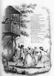 Moder Bontems (Bontemps). Dans av unga par i en by med musiker på balkongen. Gravyr i "" Chants et chansons populaire de la France", Tome 2