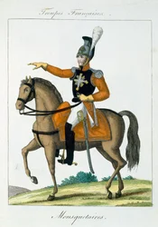 Mounted Musketeer, från Troupes Francaises, pub. i Basset, Paris, ca 1790