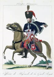 Beriden officer av Hussars of the Royal Guard, från Troupes Francaises, pub. hos Basset, Paris, ca 1790
