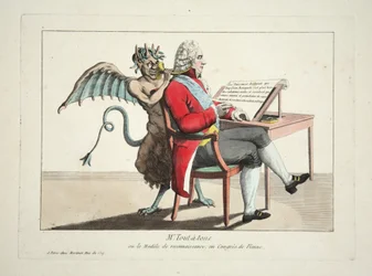 Mr. Tout-a-tous eller modellen för erkännande, på Wienkongressen, pub. 1815 (färggravyr)