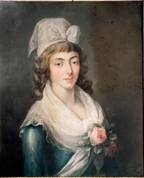 Fru Roland: Porträtt av Madame Roland (1754 - 1793), figur från den franska revolutionen, bärande Girondin-kepsen. målning av den franska skolan