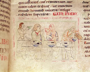Ms.1215 t.3 fol.158v, Måltid med Judith och Holofernes, från Etienne Hardings bibel, 1109