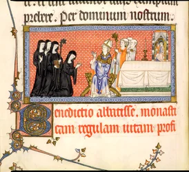 Ms.298 f82v Presentationen av en abbedissa, från Metz Pontifical, skriven för Raymond Bar, biskop av Metz, 1302-16