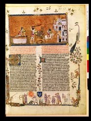 Fr 122 f.1 Sir Lancelot korsar Svärdbron, från Roman de Lancelot du Lac, 1344