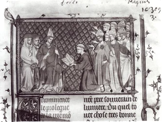 Fröken Fr. 5716 f.2 Jean dAntioch före Martin IV, från Life and Miracles of St. Louis, c.1330-40
