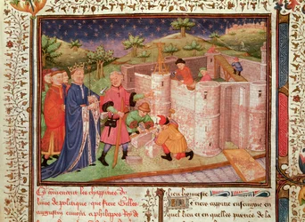 Ms 1015 fol.1 Konstruktion av ett slott, från kungar och furstars regering